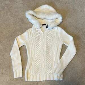 Creamy white hooded cable knit sweater